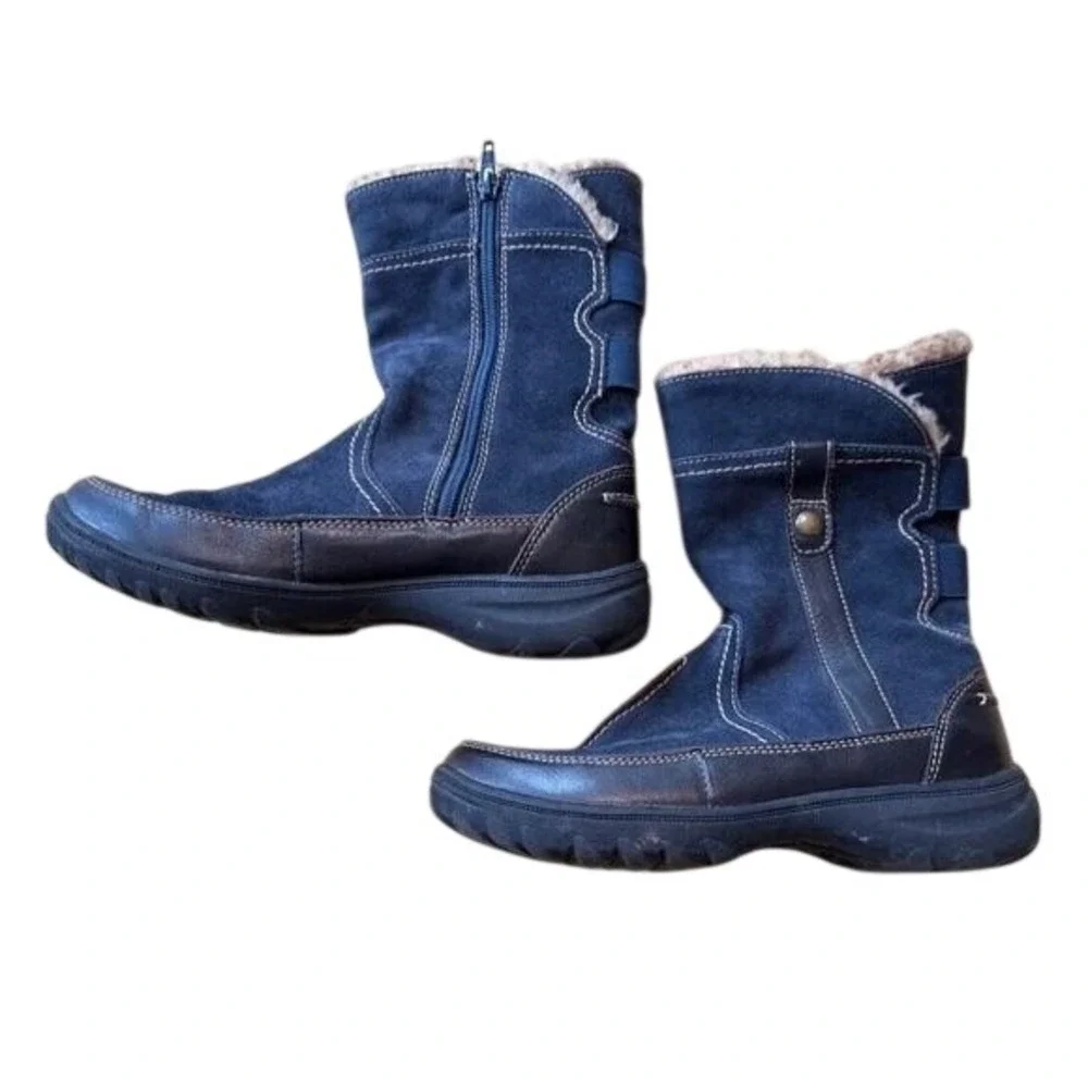 Navy Blue Suede Mid-Calf Winter Boots Faux Fur Lined Zipper‎ Detail Womens